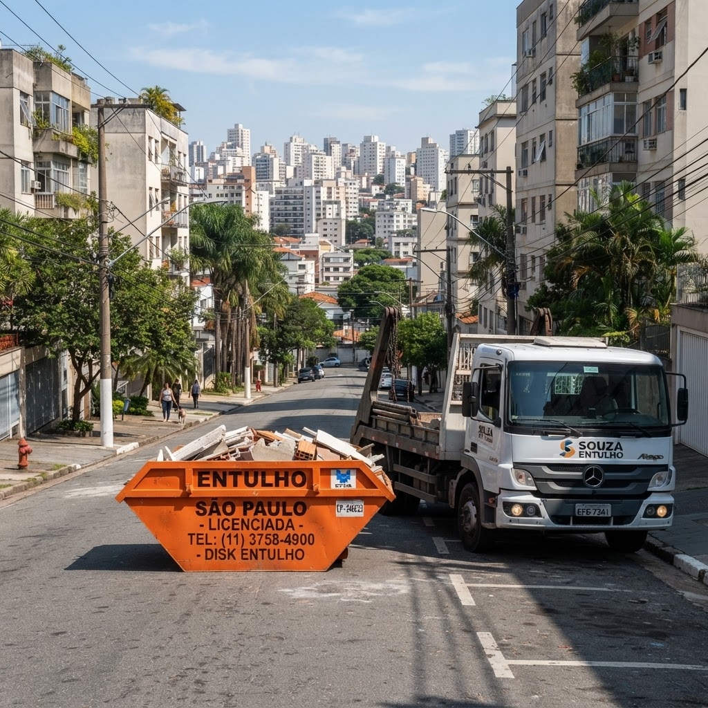 Caçamba de entulho laranja posicionada em rua residencial em São Paulo ao lado de caminhão